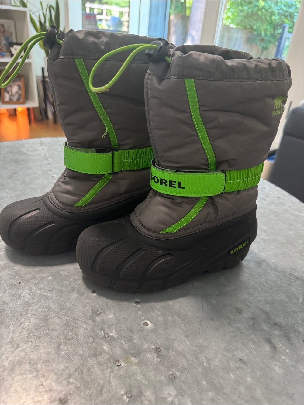 Sorel Kids Gray Snow Boots with Lime Green Accents